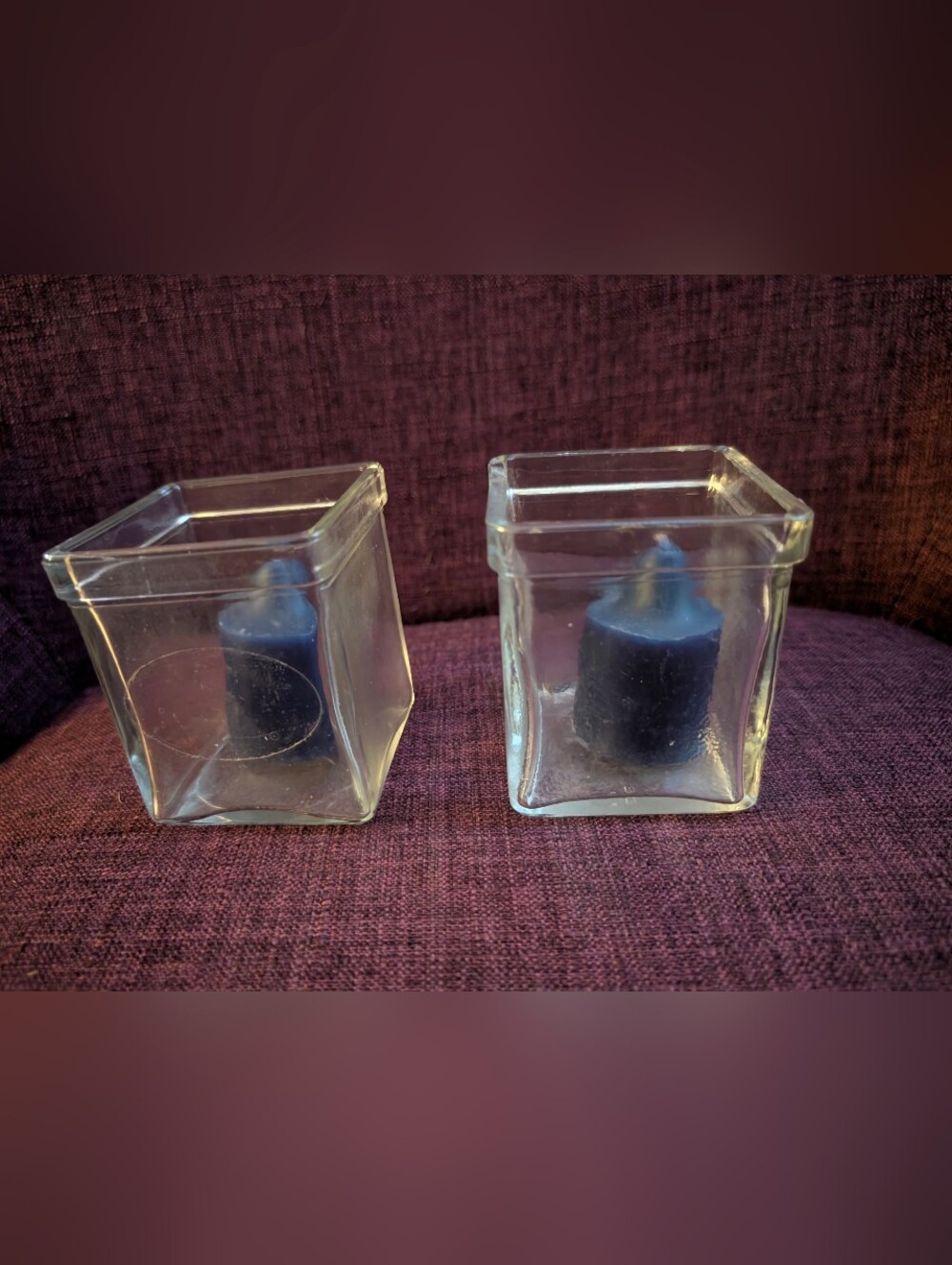 Pair of Clear Glass Cube Candle Holders with Blue Votive Candles